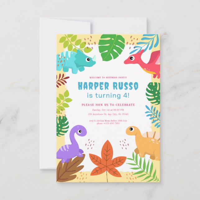 Colourful Cute Dino Birthday Party  Invitation (Front)