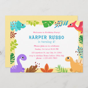 Colourful Cute Dino Illustration Birthday Party Invitation