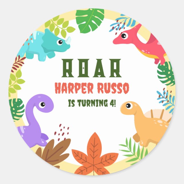 Colourful Cute Dino themed Birthday Party Classic Round Sticker (Front)