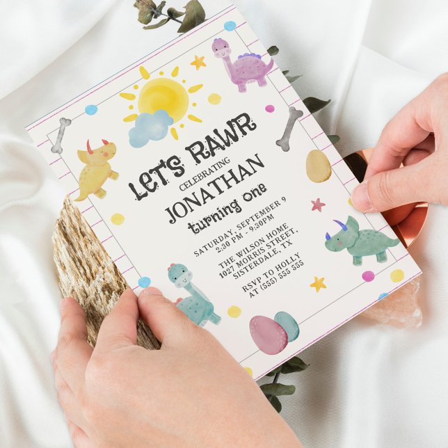 Colourful Cute Dinosaur 1st Birthday Invitation (Creator Uploaded)