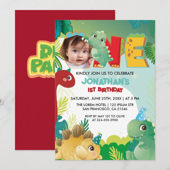 Colourful Cute Dinosaur Baby boy  First Birthday  Invitation (Front/Back)
