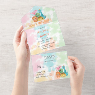 Colourful Cute Dinosaurs Baby Shower   All In One Invitation