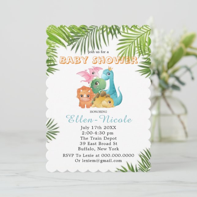 Colourful Cute Dinosaurs Baby Shower Invitations  (Standing Front)