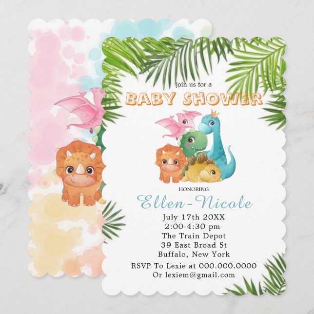 Colourful Cute Dinosaurs Baby Shower Invitations  (Front/Back)