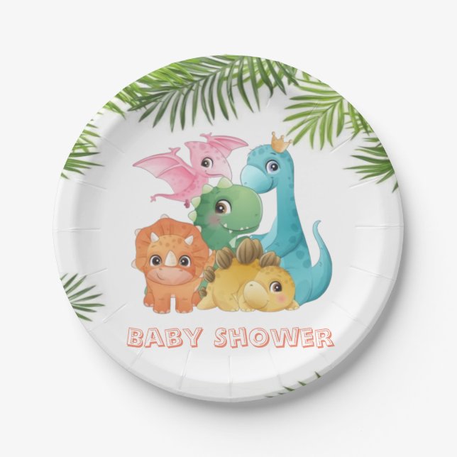 Colourful Cute Dinosaurs Baby Shower  Paper Plate (Front)
