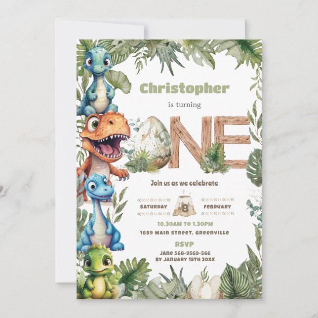 Colourful Cute Dinosaurs Greenery 1st Birthday One Invitation (Front)