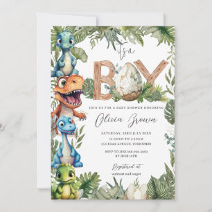 Colourful Cute Dinosaurs Greenery Boy Baby Shower  Invitation