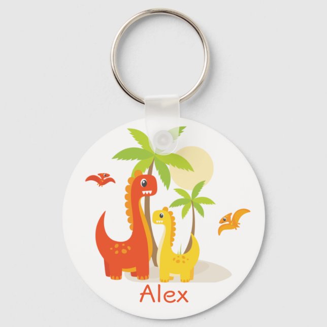 Colourful Cute Dinosaurs Kids Personalised Key Ring (Front)
