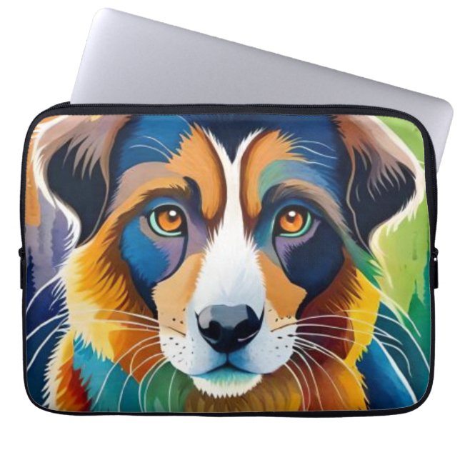 Colourful cute dog portrait close up laptop sleeve (Front)
