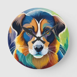 Colourful cute dog portrait close up round clock