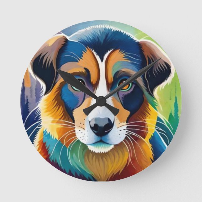 Colourful cute dog portrait close up round clock (Front)