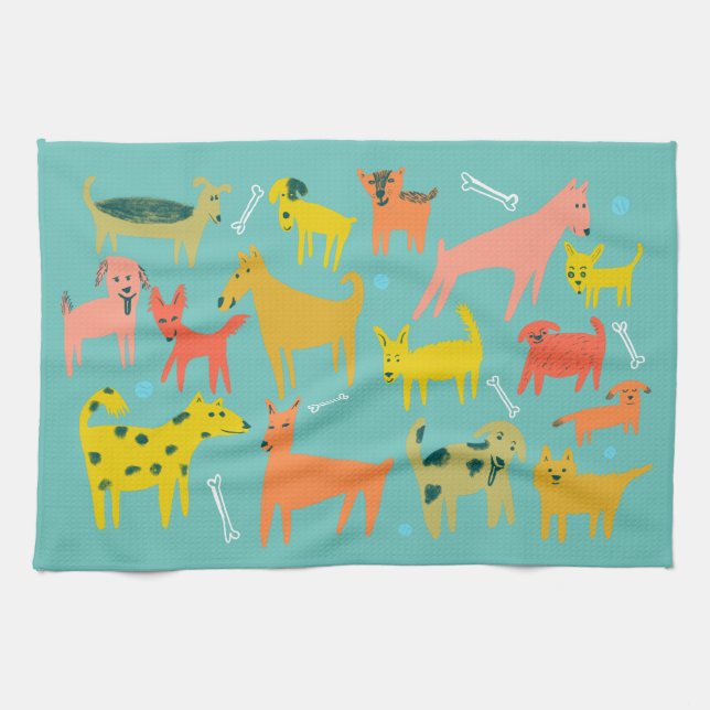 Colourful Cute Dogs Puppies Teal Tea Towel (Horizontal)