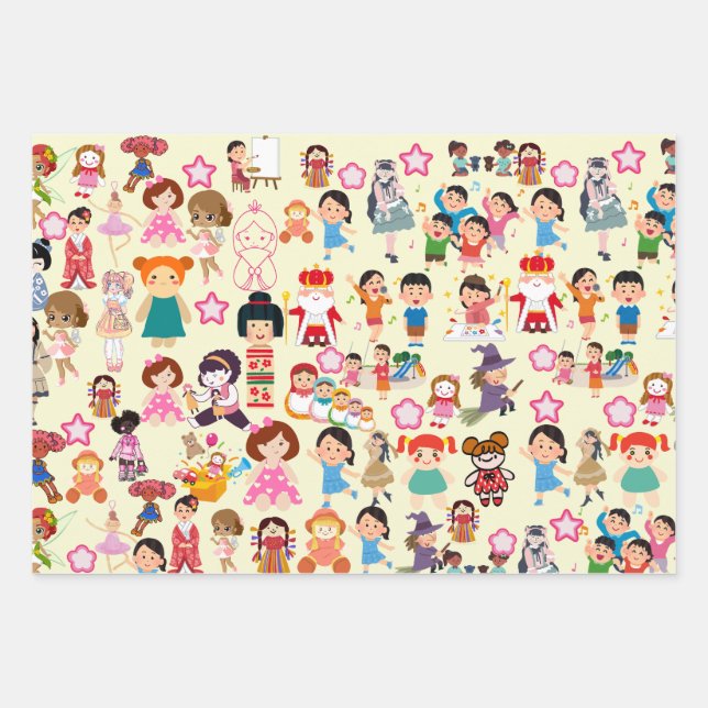 Colourful Cute Dolls and Children Gift Wrap (Front)