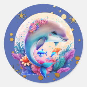 Colourful Cute Dolphin and golden Star Classic Round Sticker