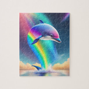 Colourful Cute Dolphin Wtith Rainbow and Neon Ligh Jigsaw Puzzle