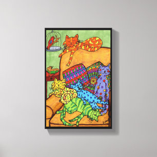 Colourful Cute Drawing Cats Chair Napping Sleeping Canvas Print