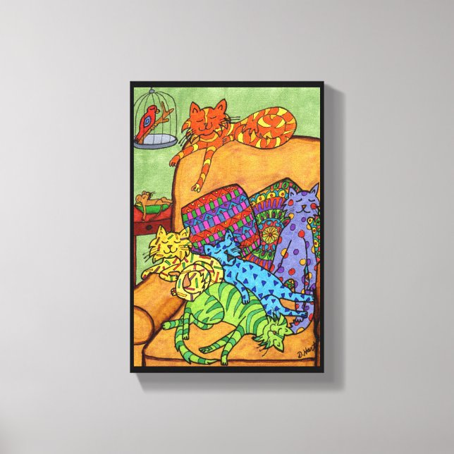 Colourful Cute Drawing Cats Chair Napping Sleeping Canvas Print (Front)