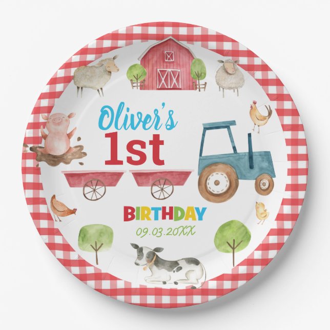 Colourful Cute Farm Animals Barnyard 1st Birthday  Paper Plate (Front)