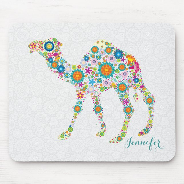 Colourful Cute Floral Camel & White Damasks Mouse Mat (Front)