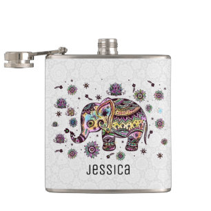 Colourful Cute Floral Elephant Illustration Hip Flask