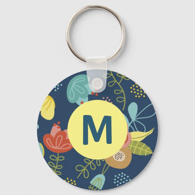 Colourful Cute Floral Pattern Dark Blue Monogram Key Ring (Front)