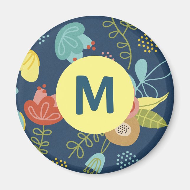 Colourful Cute Floral Pattern Dark Blue Monogram Magnet (Front)