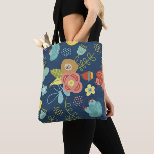 Colourful Cute Floral Pattern Dark Blue Tote Bag
