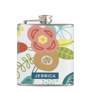 Colourful Cute Floral Pattern Personalised Hip Flask