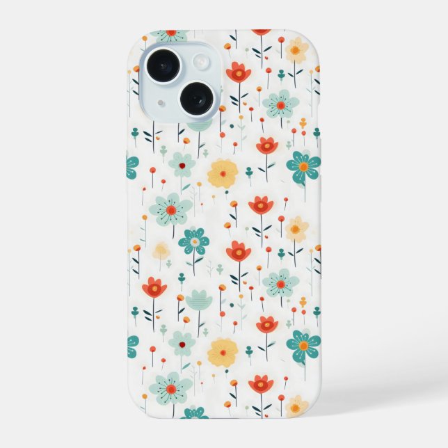 Colourful Cute Flowers Pattern iPhone 15 Case (Back)