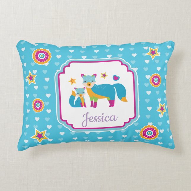 Colourful Cute Foxes with Stars and Hearts Decorative Cushion (Front)