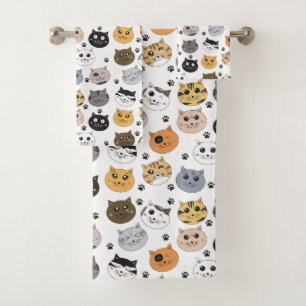 Colourful Cute Funny Cats & Paw Pattern Bath Towel Set