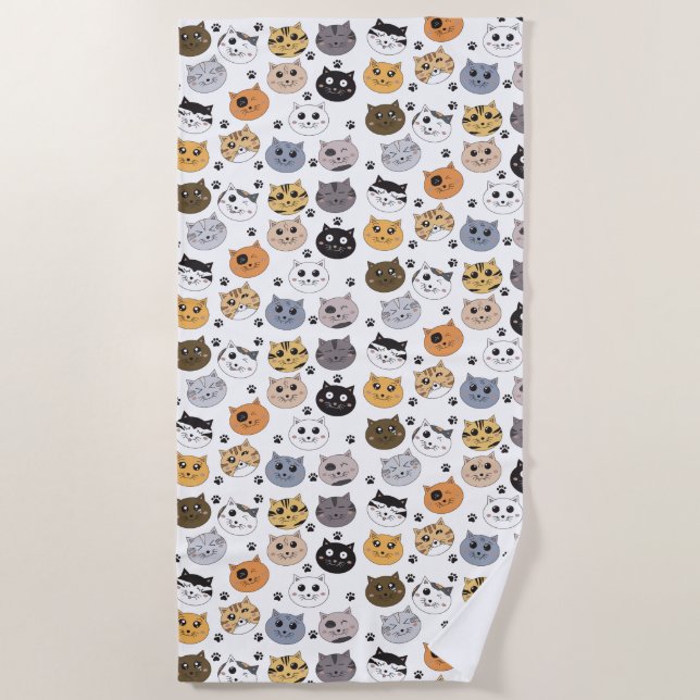 Colourful Cute Funny Cats & Paw Pattern Beach Towel (Front)