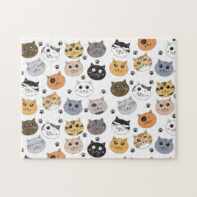 Colourful Cute Funny Cats & Paw Pattern Jigsaw Puzzle (Horizontal)