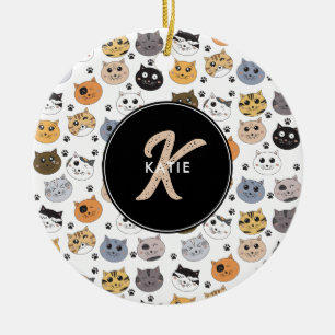 Colourful Cute Funny Cats & Paw Pattern Monogram Ceramic Tree Decoration
