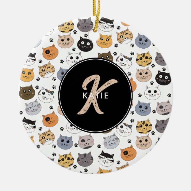 Colourful Cute Funny Cats & Paw Pattern Monogram Ceramic Tree Decoration (Front)
