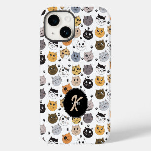 Colourful Cute Funny Cats & Paw Pattern Monogram iPhone 14 Case