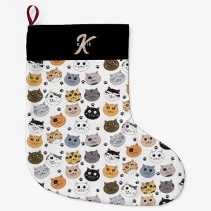 Colourful Cute Funny Cats & Paw Pattern Monogram Large Christmas Stocking