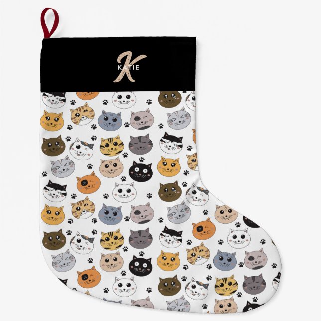 Colourful Cute Funny Cats & Paw Pattern Monogram Large Christmas Stocking (Front)