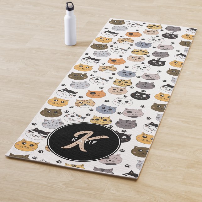Colourful Cute Funny Cats & Paw Pattern Monogram Yoga Mat (In Situ)