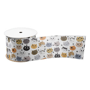 Colourful Cute Funny Cats & Paw Pattern Satin Ribbon
