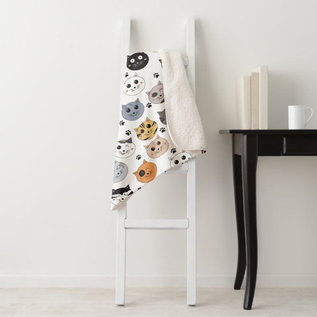 Colourful Cute Funny Cats & Paw Pattern Sherpa Blanket (In Situ)