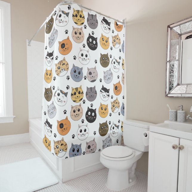Colourful Cute Funny Cats & Paw Pattern Shower Curtain (In Situ)