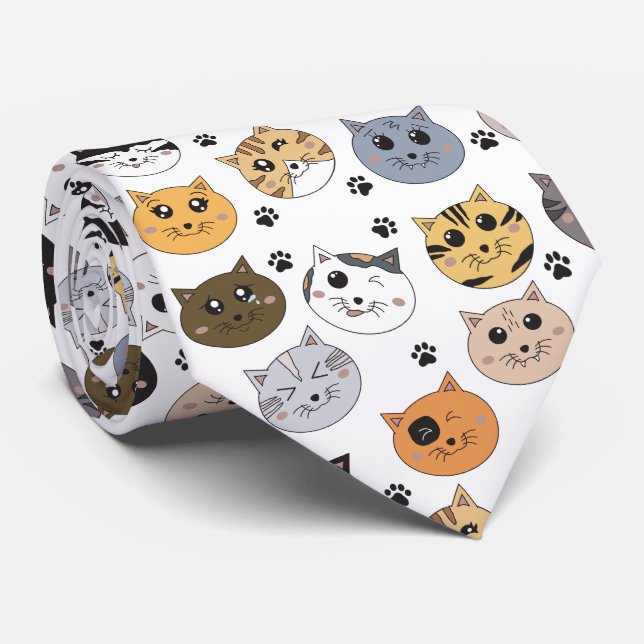 Colourful Cute Funny Cats & Paw Pattern Tie (Rolled)