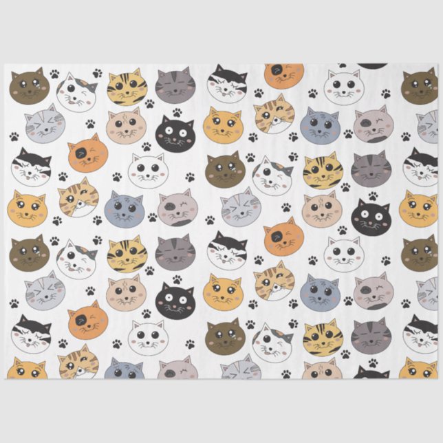 Colourful Cute Funny Cats & Paw Pattern Tissue Paper (Front)