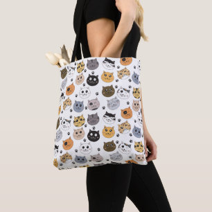 Colourful Cute Funny Cats & Paw Pattern Tote Bag