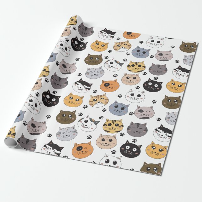 Colourful Cute Funny Cats & Paw Pattern Wrapping Paper (Unrolled)