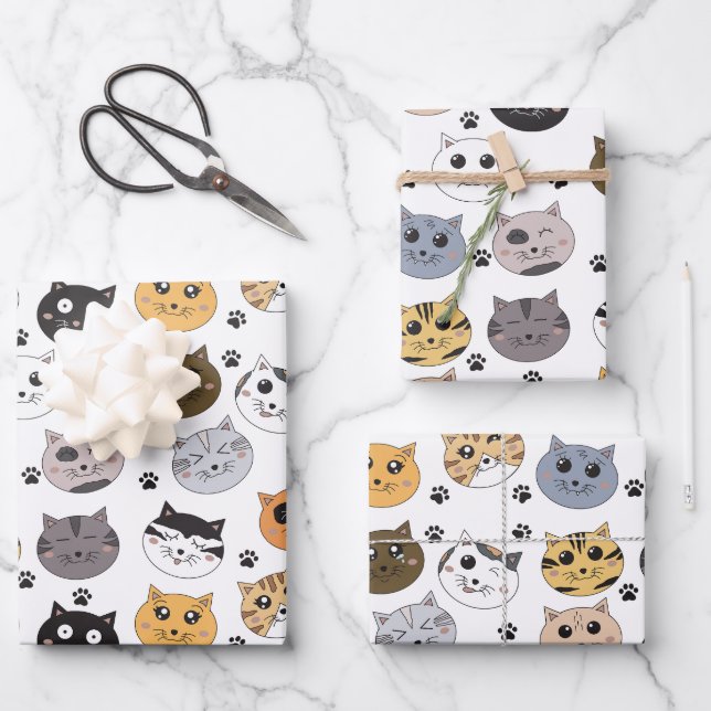 Colourful Cute Funny Cats & Paw Pattern Wrapping Paper Sheet (Front)
