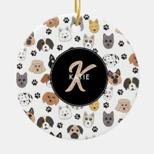 Colourful Cute Funny Dogs & Dog Paw Monogram Ceramic Tree Decoration