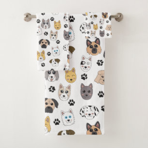 Colourful Cute Funny Dogs & Dog Paw Pattern Bath Towel Set
