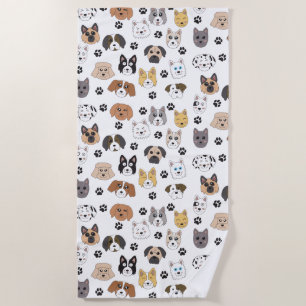 Colourful Cute Funny Dogs & Dog Paw Pattern Beach Towel